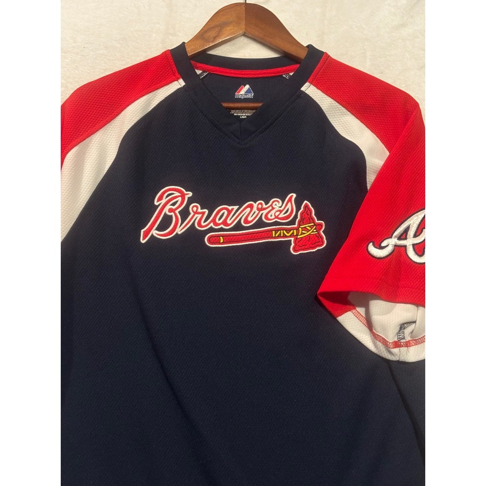 Majestic‎ Atlanta Braves Men's Large Navy Red White MLB Baseball Jersey Shirt